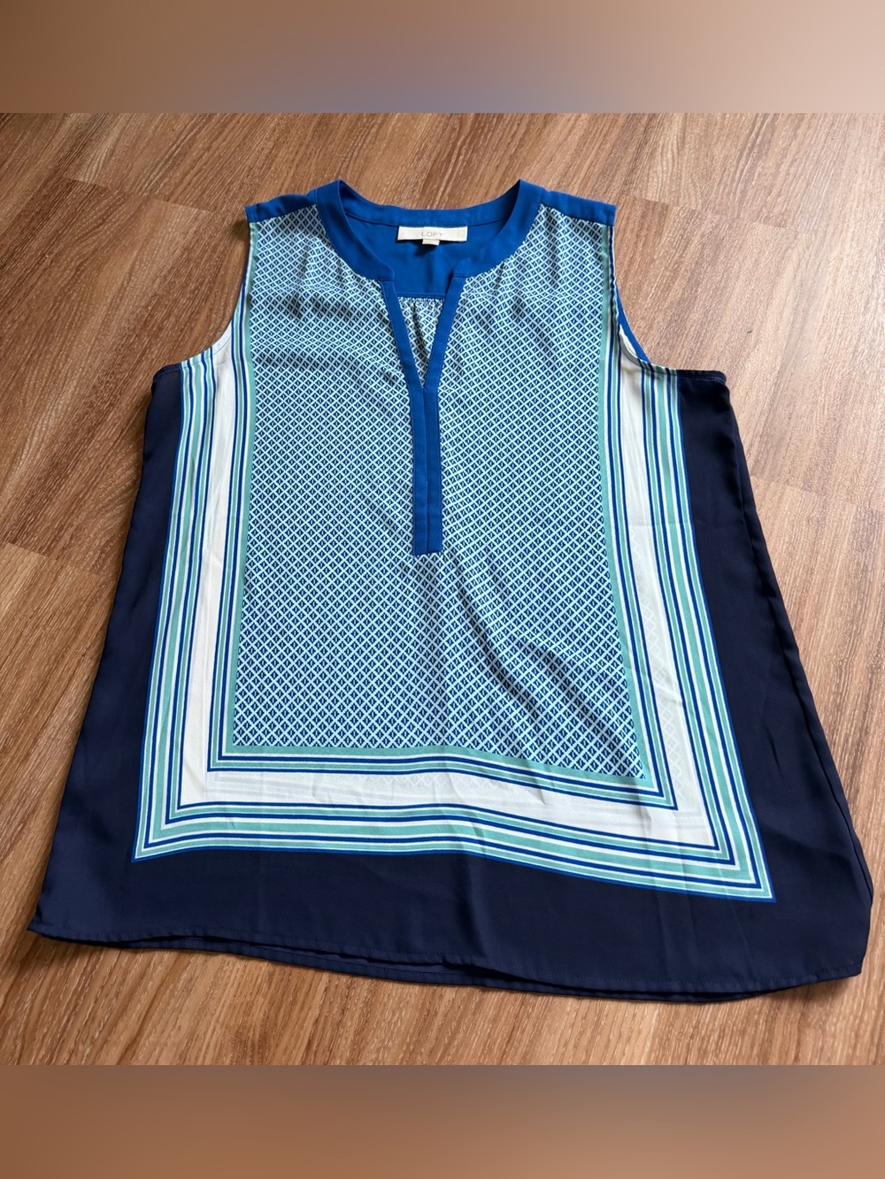 LOFT Navy and Light Blue Patterned Sleeveless Split-Neck Camisole